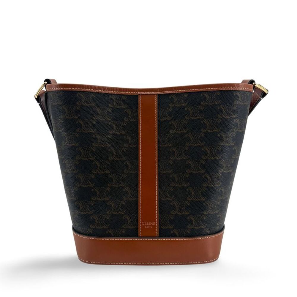 Celine Triomphe Canvas & Calfskin Small Bucket Bag Tan